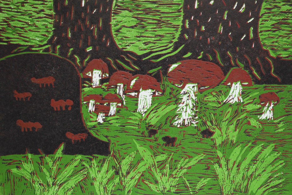 grafika w technice linorytu, las, pień drzewa i kilka grzybów