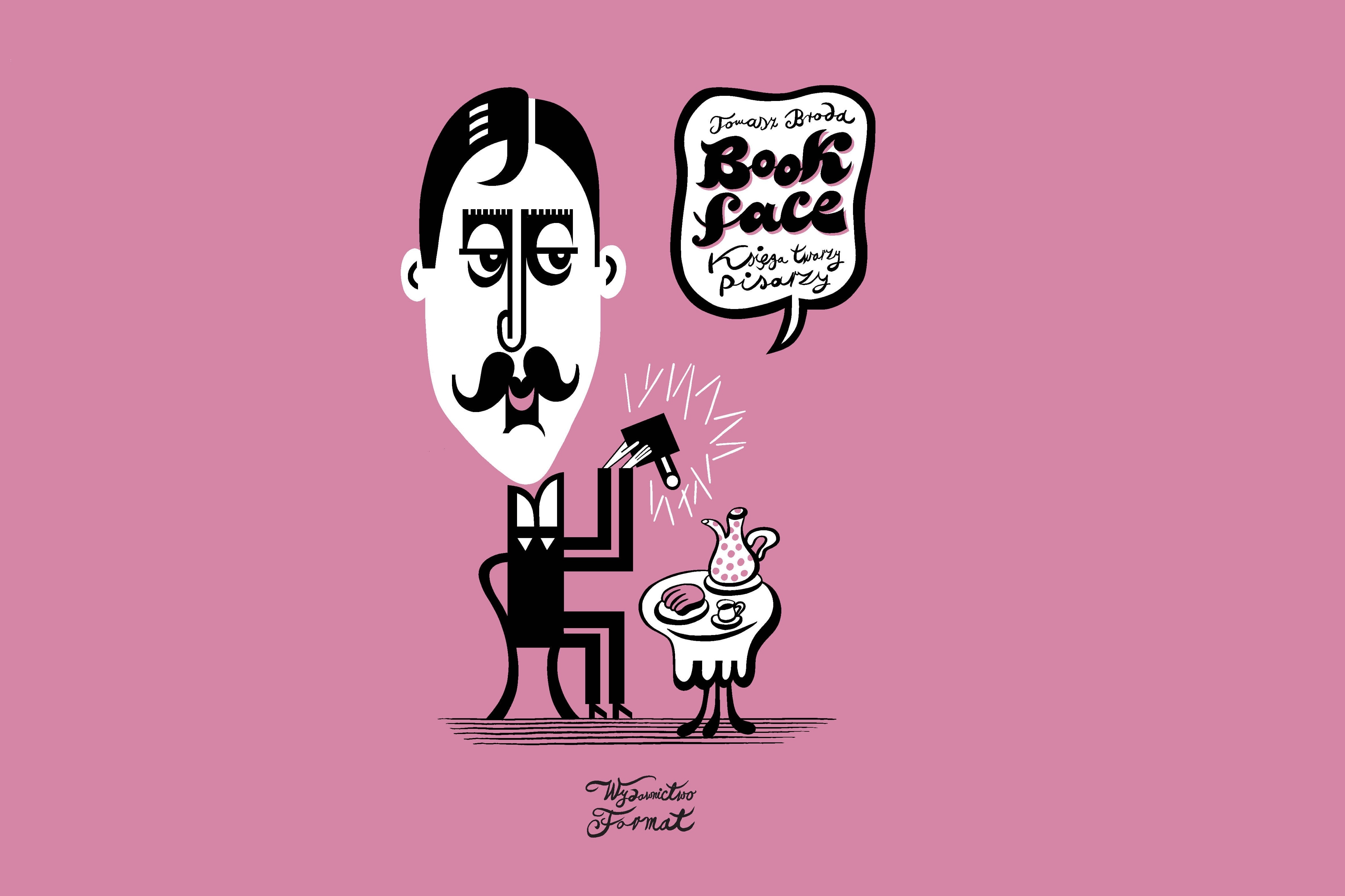 Rysunek. Na różowym tle siedzi na krześle mężczyzna z wąsami, w ręce trzyma filiżankę, obok maleńki stolik z nakryciem