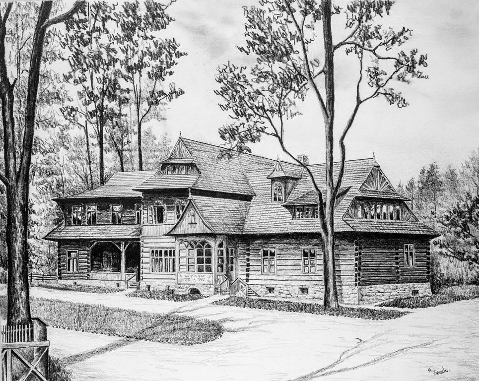 dom drewniany na Podhalu - rysunek ołówkiem