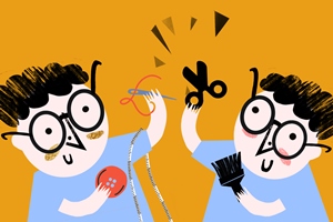 rysunek | dwóch chłopców w okularach zamieniają  igłę z nitką i guzik na pędzel i nożyczki