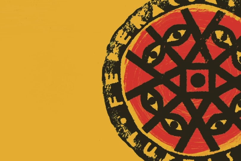 logo Lubelskiej Federacji Bardów, na żółtym tle czarny okrąg z wpisaną nazwą zespołu, wewnątrz okręgu pomarańczowe koło z pajęczyną czarnych kresek i cztery pary oczu